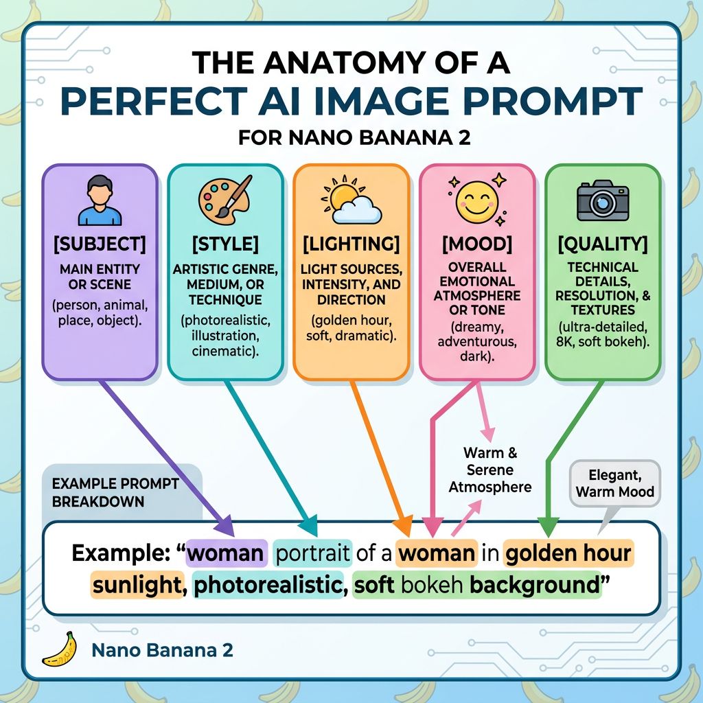 Nano Banana 2 prompt anatomy guide showing subject, style, lighting, mood, and quality