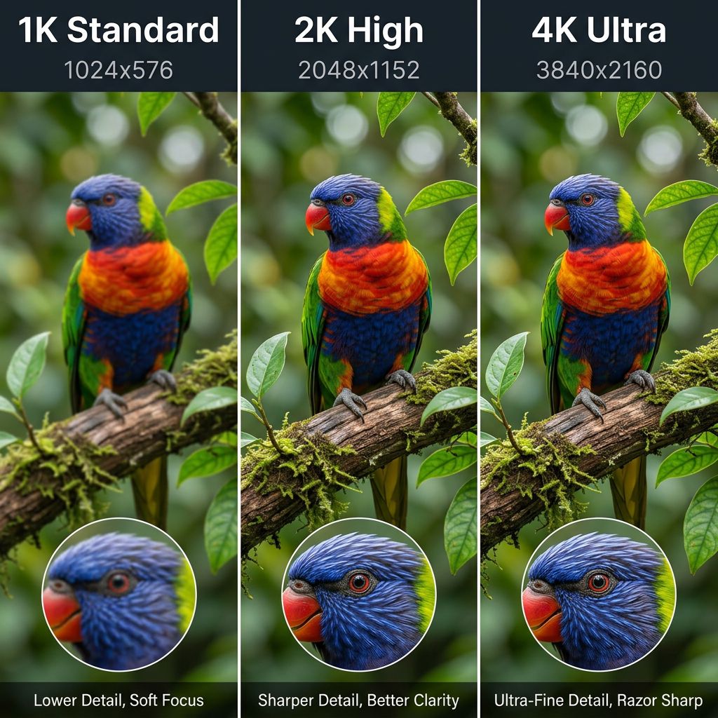 Nano Banana 2 image resolution comparison showing 1K, 2K, and 4K quality